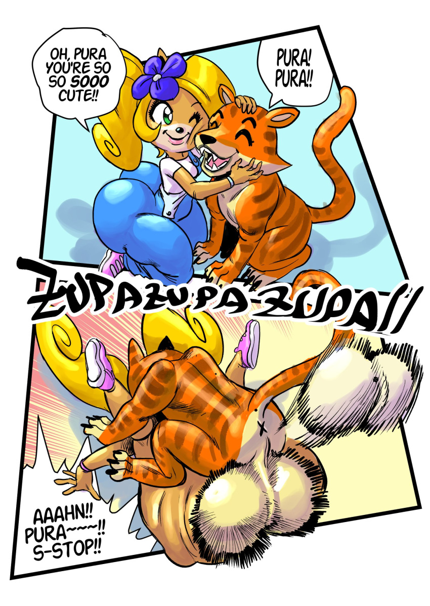 accessory activision ambiguous_penetration anthro anthro_on_feral anthro_penetrated anus balls bandicoot bestiality big_balls blonde_hair clothing coco_bandicoot crash_bandicoot_(series) duo english_text exclamation_point eyes_closed felid female female_penetrated feral feral_penetrating feral_penetrating_anthro flower flower_in_hair footwear forced from_front_position genitals goudadunn green_eyes hair hair_accessory hi_res huge_balls kneeling lying male male/female male_penetrating male_penetrating_female mammal marsupial mating_press nude on_back one_eye_closed open_mouth orange_body overalls pantherine penetration perineum petting plant pura_(crash_bandicoot) rape sex shirt shoes smile speech_bubble striped_body stripes tan_body text tiger topwear video_games x_anus