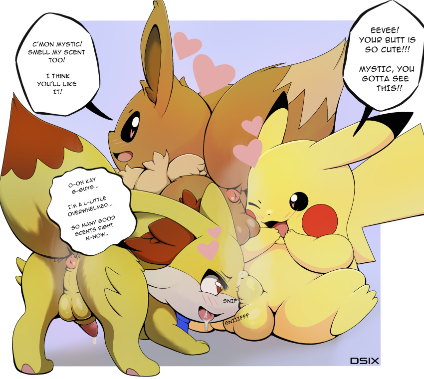 &lt;3 &lt;3_eyes absurd_res anus ball_sniffing balls blush blush_lines bodily_fluids butt dialogue dipstick_ears dripping dsub9 eevee fennekin feral foreskin generation_1_pokemon generation_6_pokemon genital_fluids genitals group half-erect hi_res male male/male multicolored_ears nintendo penis pikachu pokemon pokemon_(species) precum precum_drip presenting presenting_anus presenting_balls presenting_hindquarters presenting_penis scentplay sniffing sniffing_penis speech_bubble text trio video_games