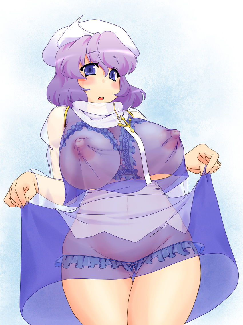 apron blush bra breastless_clothes breasts covered_nipples cupless_bra curvy frilled_bra frilled_panties frills hat highres large_breasts letty_whiterock lingerie lute_(apocalypselibrary) nipples panties plump purple_eyes purple_hair see-through short_hair skirt skirt_lift solo thigh_gap thighs touhou underboob underwear