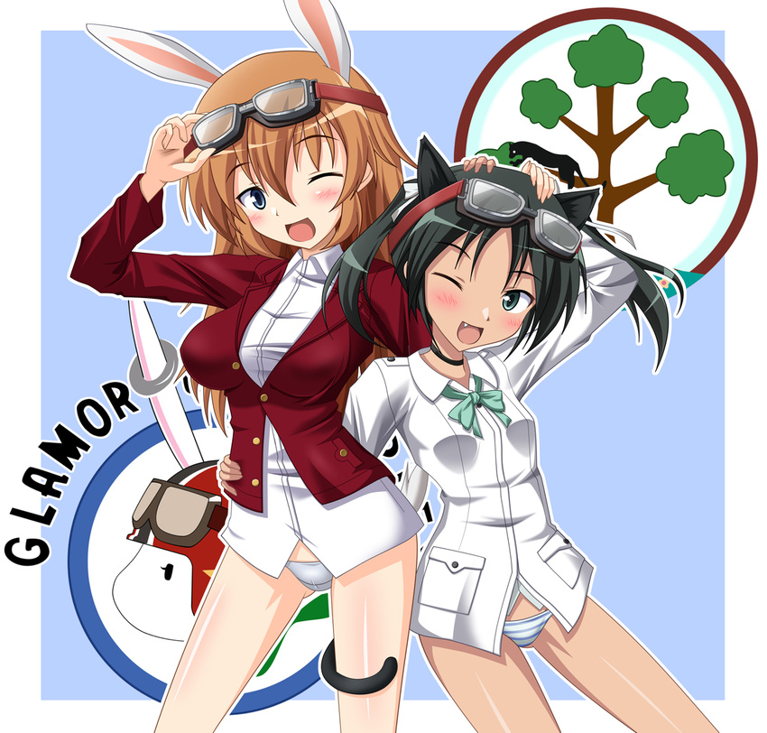 animal_ears back-to-back black_hair bunny_ears cat_ears cat_tail charlotte_e_yeager fang francesca_lucchini goggles goggles_on_head green_eyes long_hair military military_uniform multiple_girls one_eye_closed panties strike_witches striped striped_panties tail twintails underwear uniform world_witches_series yukimura1130