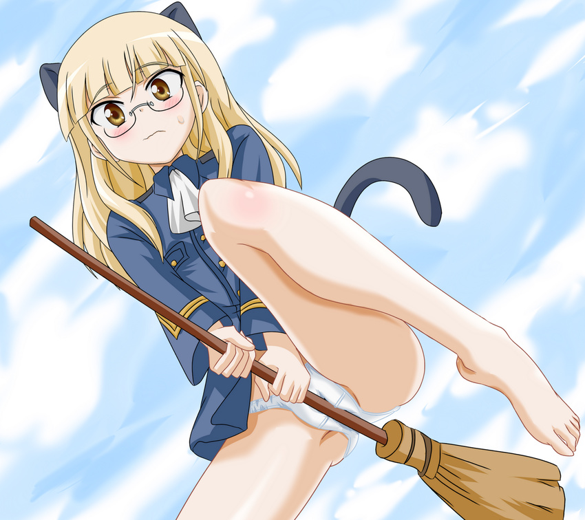 animal_ears barefoot blonde_hair blush broom brown_eyes cat_ears cat_tail feet foreshortening glasses highres long_hair military military_uniform no_legwear panties perrine_h_clostermann solo strike_witches tail takumi_(rozen_garten) underwear uniform world_witches_series