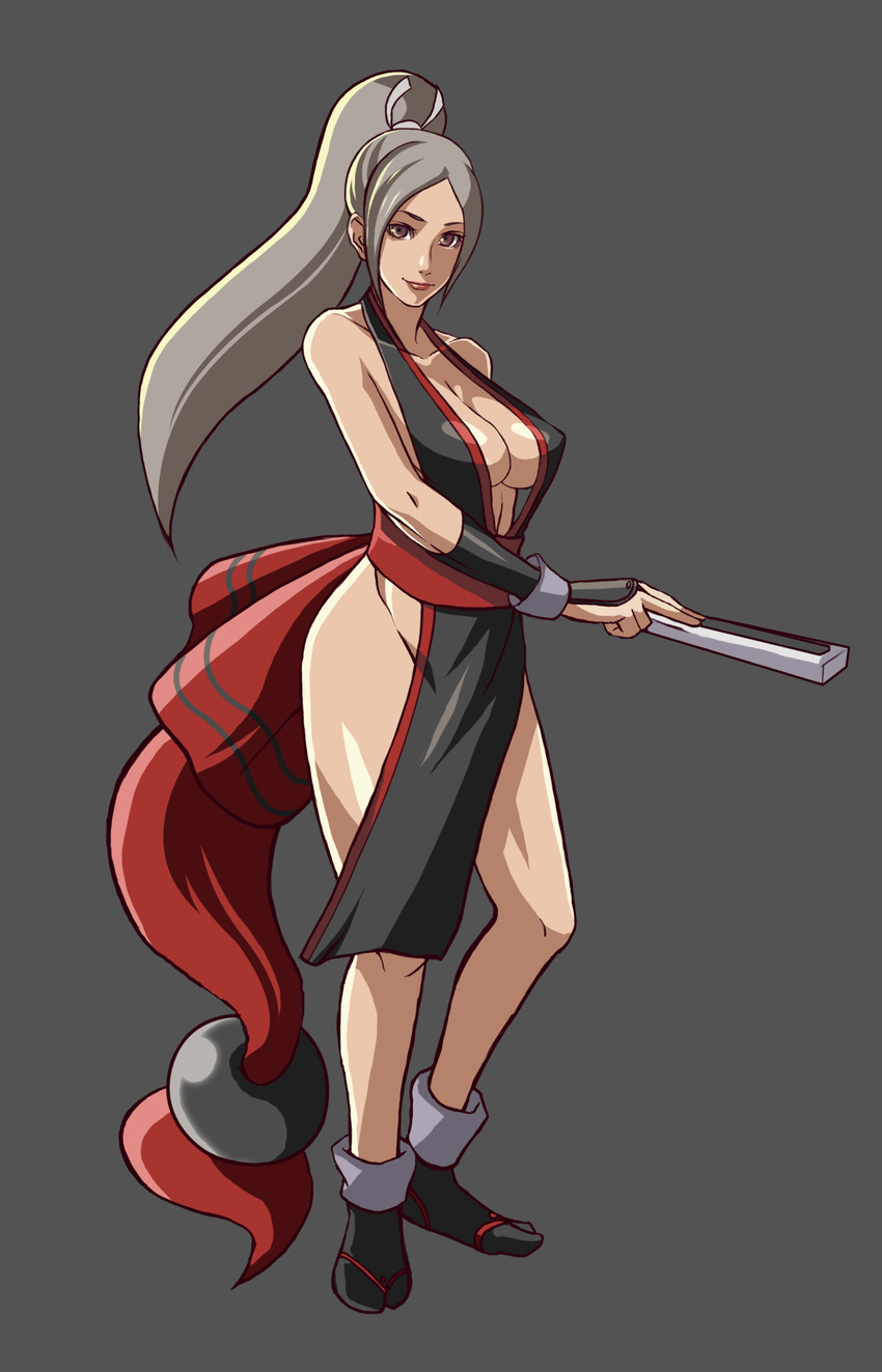 alternate_color bare_shoulders breasts brown_eyes cleavage closed_fan elbow_gloves fan fatal_fury fingerless_gloves folding_fan gloves highres japanese_clothes large_breasts pelvic_curtain ponytail shibusun shiranui_mai side_slit silver_hair simple_background solo the_king_of_fighters