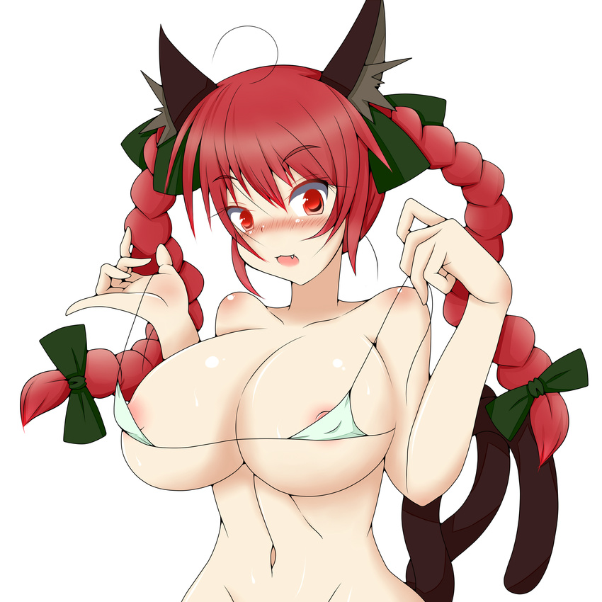 absurdres animal_ears bikini_top braid breasts cat_ears cat_tail fang hair_ribbon highres himenomikan huge_breasts kaenbyou_rin multiple_tails red_eyes red_hair ribbon short_hair solo tail touhou twin_braids twintails