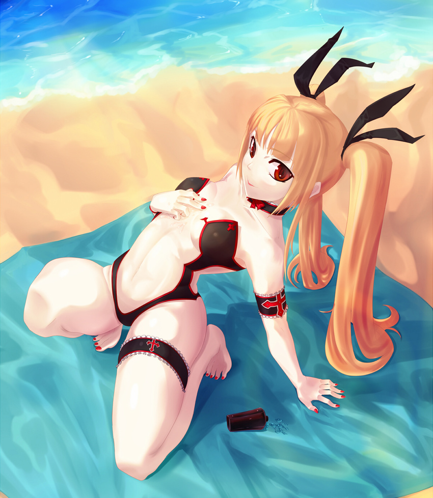 arm_garter arm_support bad_id bad_pixiv_id barefoot beach blazblue blonde_hair bow choker day hair_bow highres leaning_back long_hair nail_polish navel onsen_nakaya rachel_alucard red_eyes red_nails solo swimsuit twintails