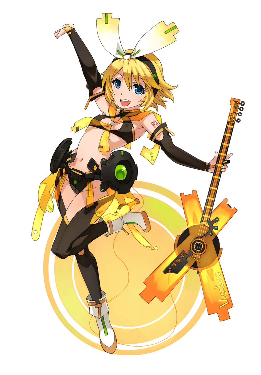 bass_guitar belt blonde_hair blue_eyes boots breasts cosplay covered_nipples elbow_gloves fingerless_gloves gloves hair_ribbon headphones highres instrument kagamine_rin navel penguin_caee ribbon short_hair small_breasts smile solo thighhighs vocaloid vocaloid_append