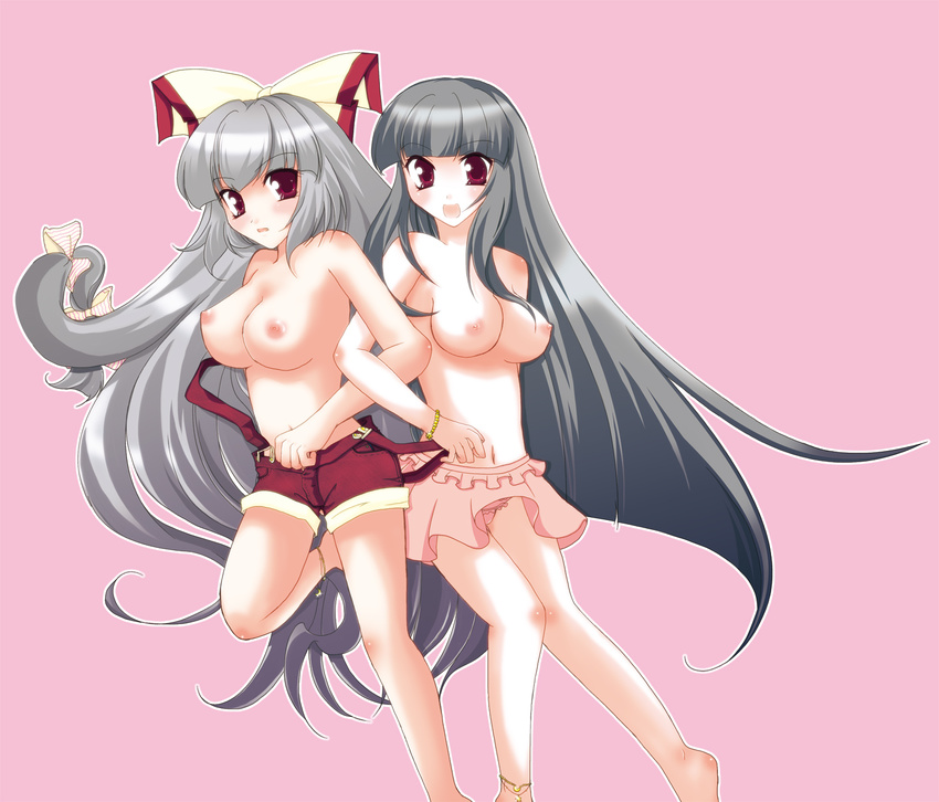 :d adapted_costume areolae bad_id bad_pixiv_id bangs black_hair blunt_bangs body_blush bow bracelet breasts d: fujiwara_no_mokou grey_hair hair_bow highres houraisan_kaguya jewelry large_breasts locked_arms long_hair looking_at_viewer miniskirt multiple_girls narumi_(sweet-potato) nipples open_mouth pink_background purple_eyes red_eyes running short_shorts shorts silver_hair simple_background skirt smile standing straight_hair suspenders topless touhou undressing very_long_hair