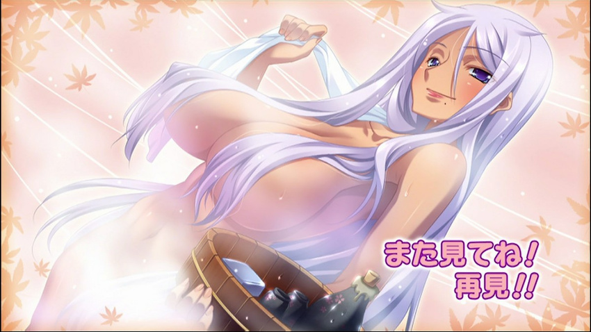 breasts bucket convenient_censoring hair_censor hair_over_breasts hikage_eiji huge_breasts koihime_musou kougai long_hair nude purple_eyes purple_hair screencap solo steam towel translation_request