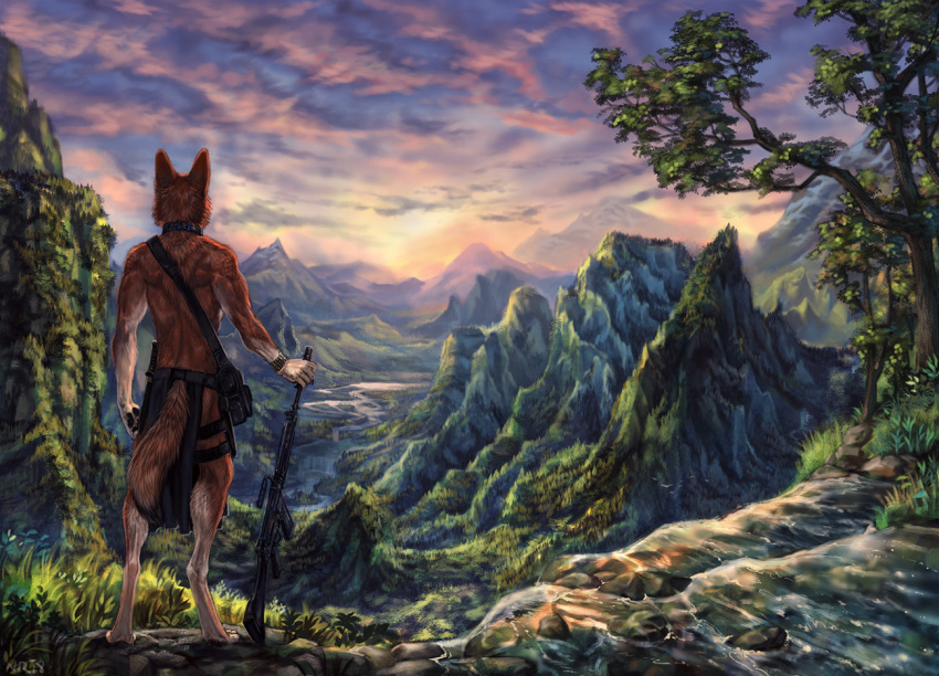 2018 anthro barefoot canine collar coyote day digital_media_(artwork) digitigrade gun holding_object holding_weapon male mammal outside ranged_weapon sky solo standing tatchit weapon