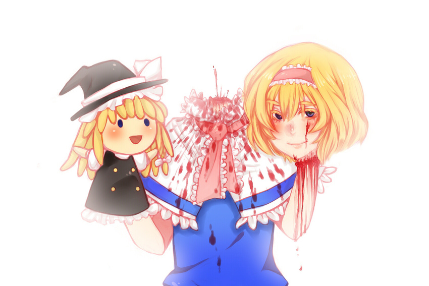 alice_margatroid blonde_hair blood blue_eyes blue_hair bow capelet colored_eyelashes decapitation eyebrows eyelashes frills guro hairband hand_puppet hat hatena_(00no79562) kirisame_marisa lips long_hair open_mouth puppet severed_head short_hair simple_background smile solo touhou witch_hat
