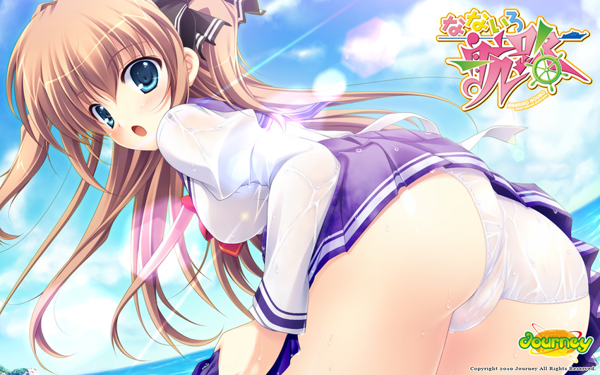 aqua_eyes ass asuka_mirai brown_hair hair_ribbon highres long_hair mikeou nanairo_kouro open_mouth panties pleated_skirt ribbon school_uniform skirt solo underwear wallpaper wet wet_clothes white_panties