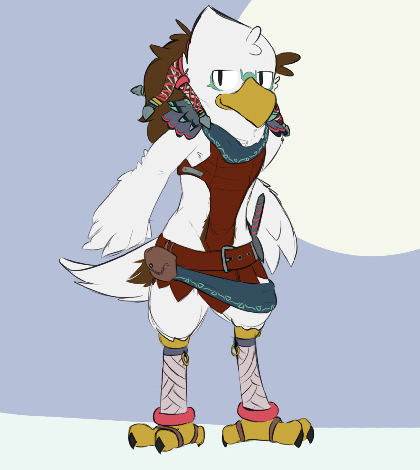 accipitrid accipitriform avian bird brown_body brown_feathers clothing eagle feathers ferrissimulator haywood hi_res looking_at_viewer male nintendo rito solo tagme the_legend_of_zelda video_games white_body white_feathers