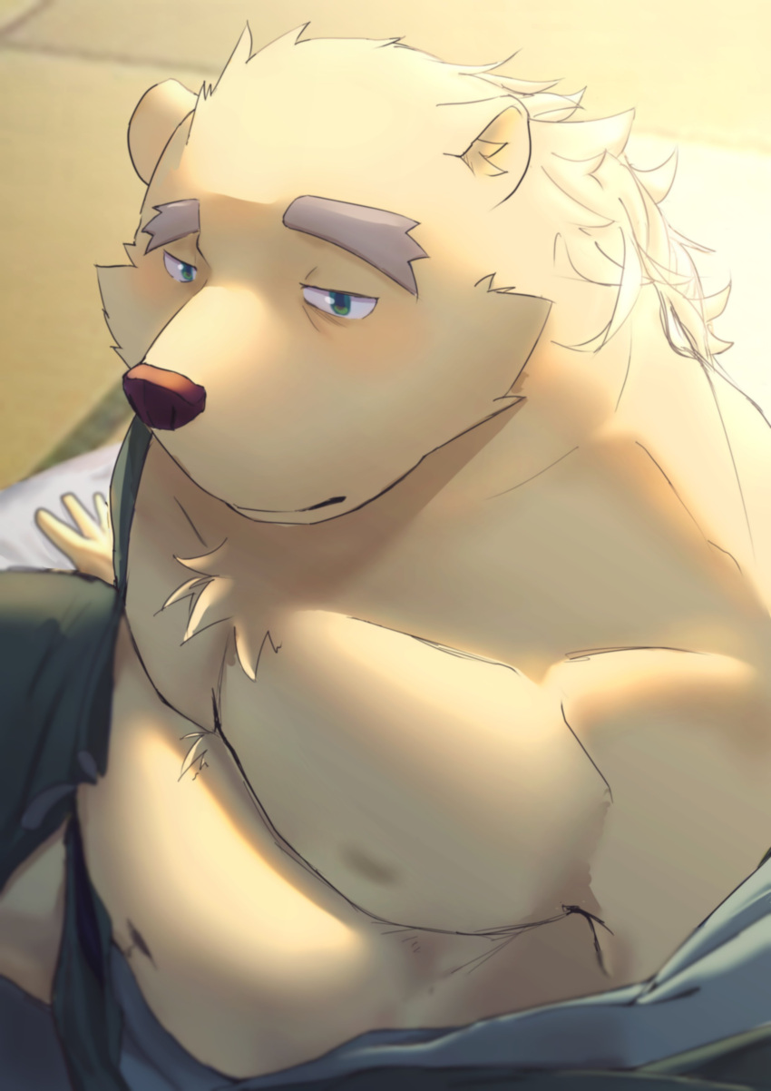 absurd_res anthro belly clothing eyebrows fur hi_res leib_(tas) lifewonders male mammal musclegut navel nipples pecs polar_bear solo suro964708 thick_eyebrows tokyo_afterschool_summoners underwear ursid ursine video_games waking_up white_body white_fur