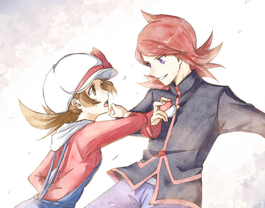 1boy 1girl asuka_rkgk brown_eyes brown_hair cabbie_hat eye_contact hat highres holding holding_poke_ball jacket looking_at_another lyra_(pokemon) open_mouth overalls poke_ball poke_ball_(basic) pokemon pokemon_(game) pokemon_hgss purple_eyes red_hair silver_(pokemon) smirk twintails