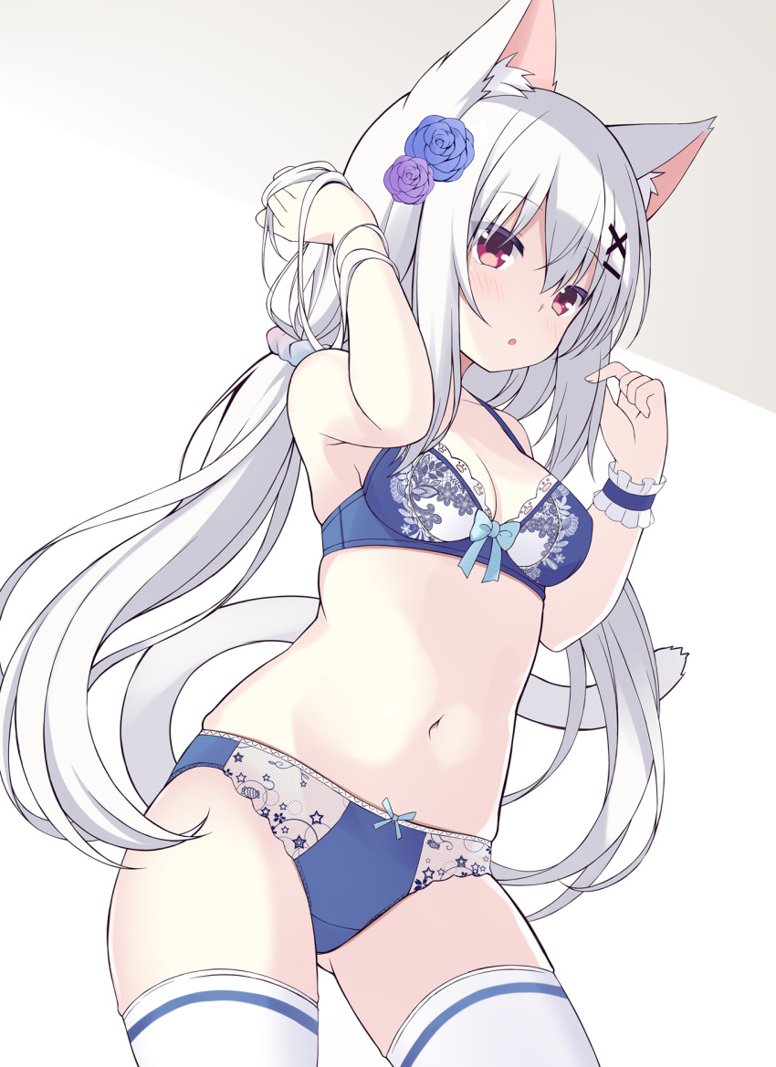 1girl :o animal_ear_fluff animal_ears ass_visible_through_thighs bangs bare_arms bare_shoulders blue_bra blue_flower blue_panties blue_rose blush bow bow_bra bow_panties bra breasts cat_ears cat_girl cat_tail cleavage collarbone commentary_request flower hair_between_eyes hair_flower hair_ornament hairclip hands_up highres looking_at_viewer medium_breasts navel original panties parted_lips purple_flower purple_rose red_eyes rose sakuraba_hikaru_(loveindog) single_wrist_cuff solo tail thighhighs underwear underwear_only white_hair white_thighhighs wrist_cuffs x_hair_ornament