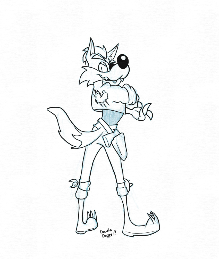 anthro boots canid canine canis claws clothing doodledoggy eye_patch eyewear fangs footwear grin gun hi_res holster looking_at_viewer looking_back male mammal nintendo overbite overbite_fang ranged_weapon rolled_up_sleeves smile solo star_fox toonkind toony toothy_grin video_games weapon wolf wolf_o'donnell