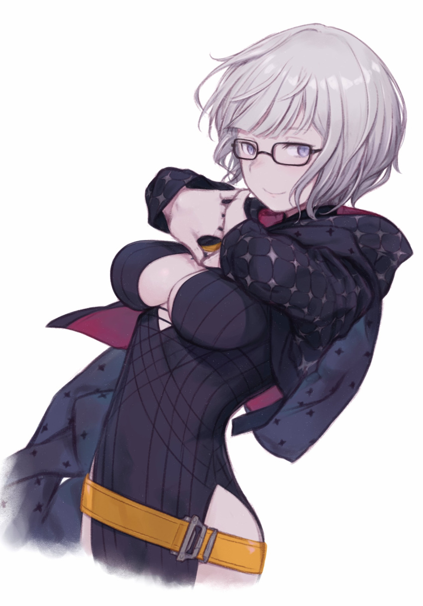 1girl absurdres breasts cleavage colored_skin daisi_gi dress fate/grand_order fate_(series) genderswap glasses grey_eyes grey_hair grey_skin highres jacques_de_molay_(foreigner)_(fate) knights_templar large_breasts padded_coat short_dress short_hair smile solo