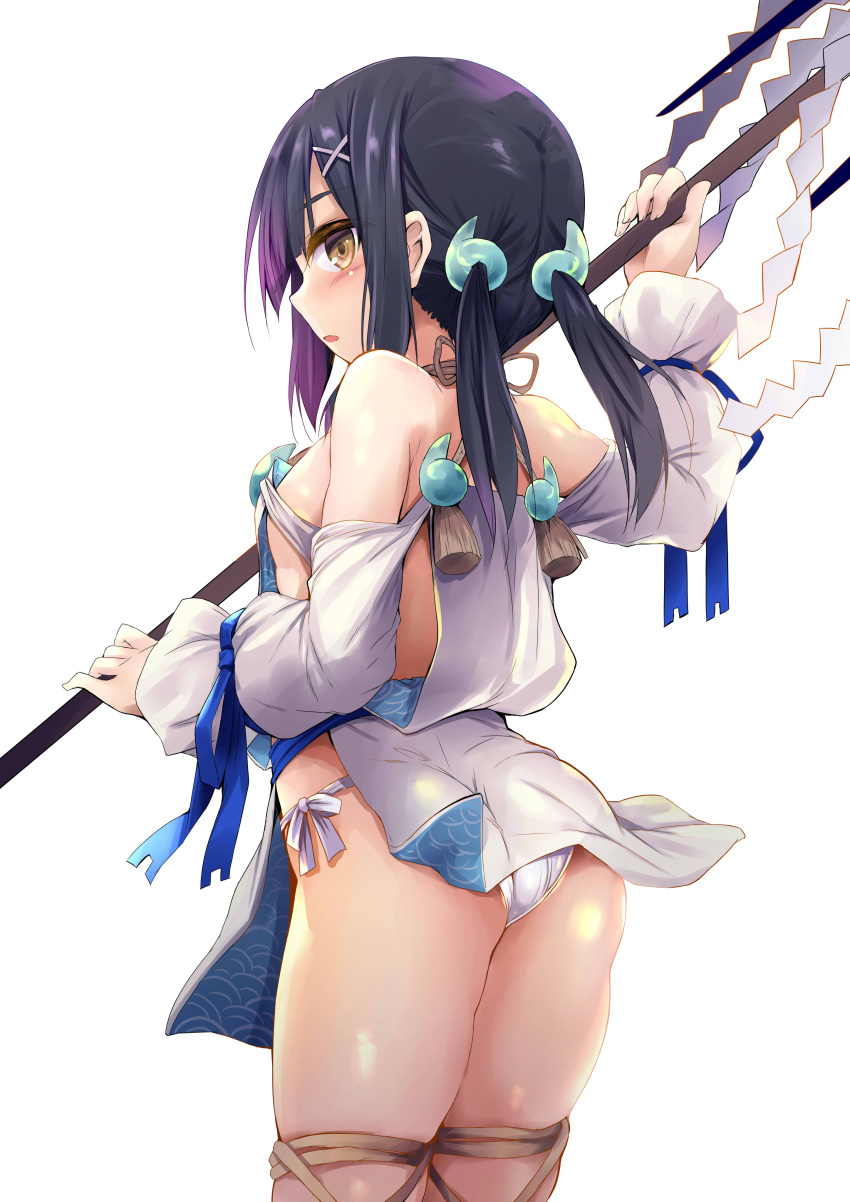 1girl absurdres ass back bangs bare_shoulders black_hair blue_ribbon blush breasts brown_eyes collarbone cosplay dress fate/kaleid_liner_prisma_illya fate/requiem fate_(series) fundoshi hair_ornament hairclip highres japanese_clothes jewelry long_hair long_sleeves looking_at_viewer looking_back magatama magatama_hair_ornament magatama_necklace miyu_edelfelt necklace open_mouth pelvic_curtain polearm puffy_long_sleeves puffy_sleeves ribbon seigaiha sen_(astronomy) short_dress sideboob sideless_outfit small_breasts solo spear utsumi_erice utsumi_erice_(cosplay) weapon white_dress