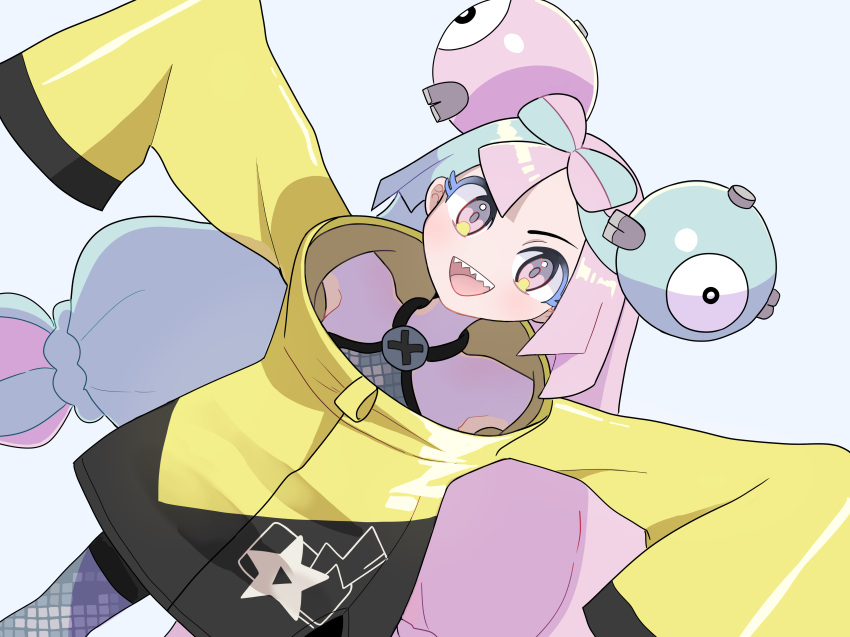 1girl :d absurdres bangs bernie_(hamu-ko) black_shorts character_hair_ornament commentary_request green_hair grey_pantyhose grey_shirt hair_ornament happy highres iono_(pokemon) jacket long_hair looking_at_viewer multicolored_hair open_mouth pantyhose pokemon pokemon_(game) pokemon_sv purple_eyes purple_hair shirt shorts simple_background sleeveless sleeveless_shirt sleeves_past_fingers sleeves_past_wrists smile solo teeth tongue twintails two-tone_hair upper_teeth white_background yellow_jacket