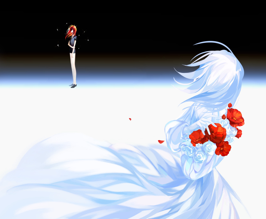 2others absurdres androgynous bare_arms bare_legs black_background black_footwear cinnabar_(houseki_no_kuni) cizihoudanshao colored_skin comparison contrast dress dual_persona facing_away floating_clothes floating_hair flower gem_uniform_(houseki_no_kuni) hand_on_own_arm hands_up highres houseki_no_kuni loafers long_hair long_sleeves looking_at_another looking_at_viewer looking_to_the_side medium_hair multiple_others other_focus petals puffy_long_sleeves puffy_short_sleeves puffy_sleeves red_flower red_hair shoes short_jumpsuit short_sleeves spoilers standing tsuki_jin white_dress white_flower white_hair white_skin
