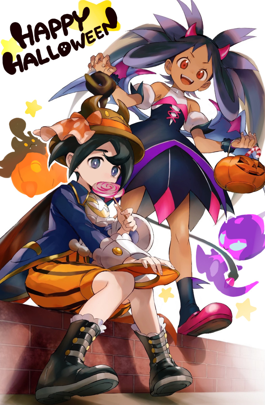 1boy 1girl allister_(pokemon) armlet bangs bare_shoulders black_dress black_footwear black_hair black_socks boots bright_pupils brown_headwear candy commentary_request dark-skinned_female dark_skin dress eating food grey_eyes hair_rings halloween happy_halloween hat highres holding iris_(pokemon) knees lollipop long_hair long_sleeves official_alternate_costume orange_mikan orange_shorts poipole pokemon pokemon_(creature) pokemon_(game) pokemon_masters_ex pumpkaboo shoes short_hair shorts sitting socks twintails white_pupils