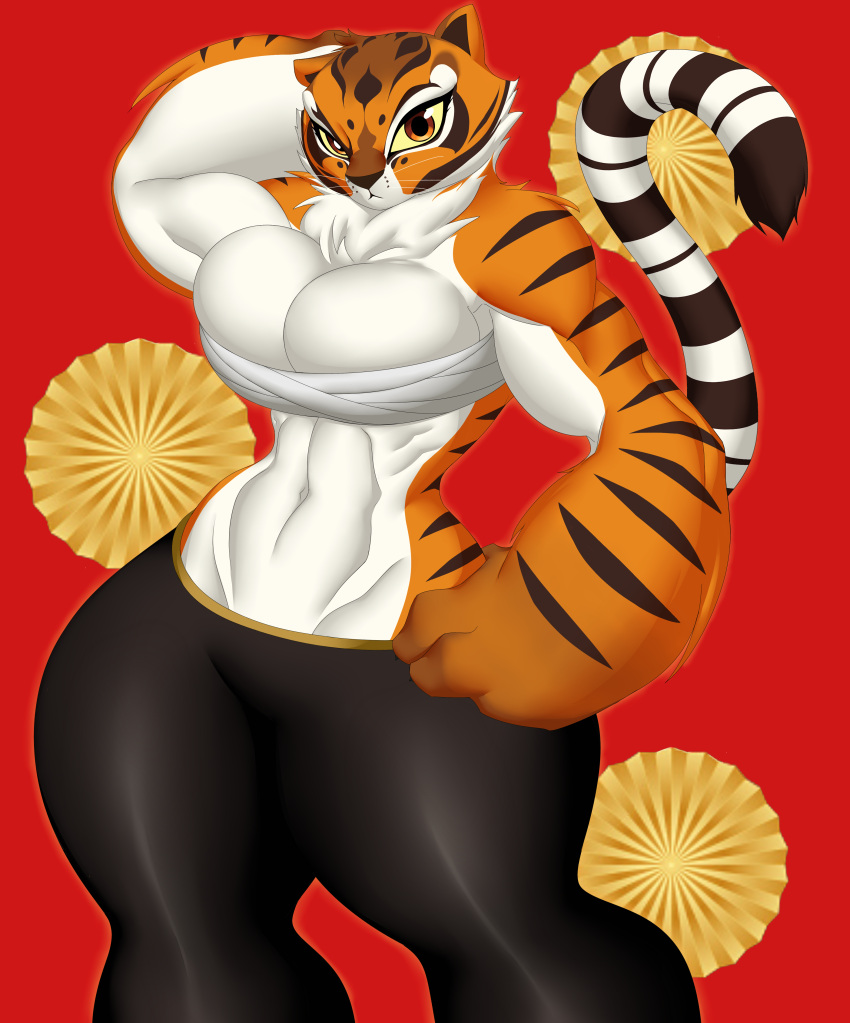 absurd_res anthro big_breasts breasts chinese_zodiac dreamworks felid female half_naked hand_on_head hand_on_hip hi_res kreativekailyn kung_fu_panda mammal master_tigress neck_tuft pantherine simple_background solo thick_thighs tiger tuft year_of_the_tiger