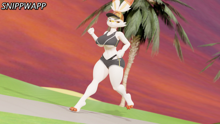 anthro blender_(software) bottomwear bra breasts clothing curvy_figure female fur generation_8_pokemon gym_bottomwear gym_clothing gym_shorts hat headgear headwear hi_res humanoid jogging lagomorph mammal midriff navel nintendo palm_tree plant pokemon pokemon_(species) scorbunny shorts snippwapp solo sports_bra thick_thighs tree underwear video_games white_body white_fur