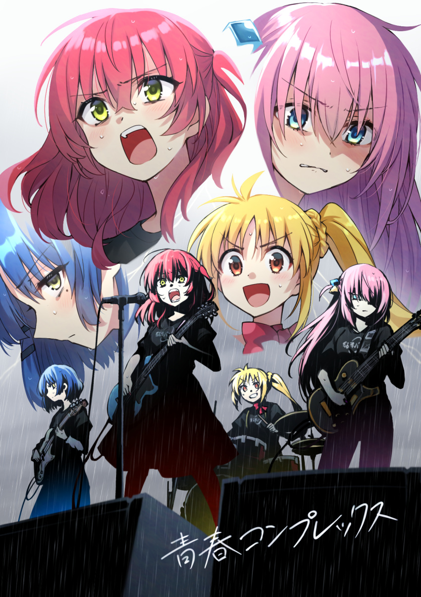 4girls bass_guitar black_shirt blonde_hair blue_eyes blue_hair blush bob_cut bocchi_the_rock! bow bowtie clenched_teeth closed_mouth drum electric_guitar gotou_hitori grin guitar hair_ornament hairclip highres holding holding_instrument ijichi_nijika instrument kita_ikuyo medium_hair microphone microphone_stand mole mole_under_eye multiple_girls music one_side_up open_mouth pants pink_hair playing_instrument projected_inset red_bow red_bowtie red_eyes red_hair shirt singing skirt smile somechime_(sometime1209) sweat teeth yamada_ryou yellow_eyes