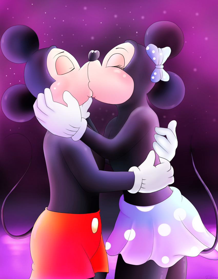 2017 absurd_res accessory anthro black_body bottomwear bow_(feature) bow_ribbon clothing disney duo embrace eyes_closed female gloves hair_accessory hair_bow hair_ribbon handwear hi_res jimfoxx kissing male mammal mickey_mouse minnie_mouse mouse murid murine raised_tail ribbons rodent shorts skirt