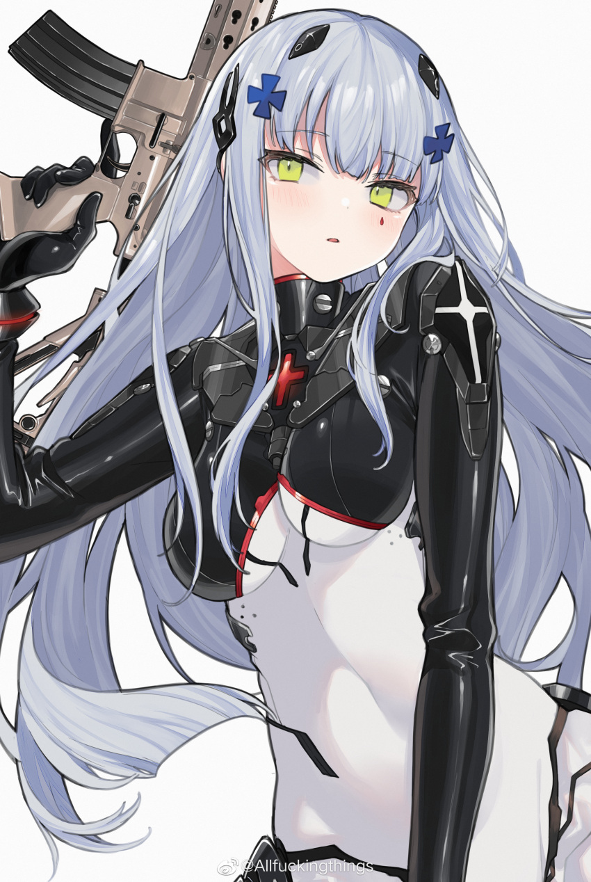 1girl absurdres bangs blush english_commentary girls'_frontline green_eyes grey_hair gun hair_between_eyes hair_ornament highres hk416_(girls'_frontline) hk416_(midnight_evangelion)_(girls'_frontline) holding holding_gun holding_weapon leotard long_hair looking_at_viewer mimelond official_alternate_costume rifle simple_background solo teardrop_facial_mark teardrop_tattoo weapon weibo_logo weibo_username white_background