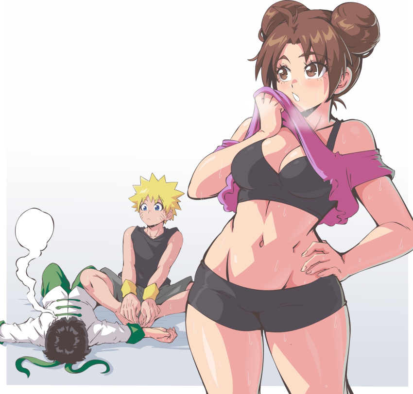 1girl 2boys black_hair blonde_hair breasts breath brown_hair cleavage clothes_lift crop_top double_bun facial_mark green_headband hair_bun hand_on_hip headband highres lewdamone looking_at_another lying multiple_boys naruto_(series) naruto_shippuuden official_alternate_costume on_back rock_lee shirt_lift sitting spiked_hair sports_bra standing sweat tank_top tenten_(naruto) toned uzumaki_naruto whisker_markings whiskers wiping_face wristband