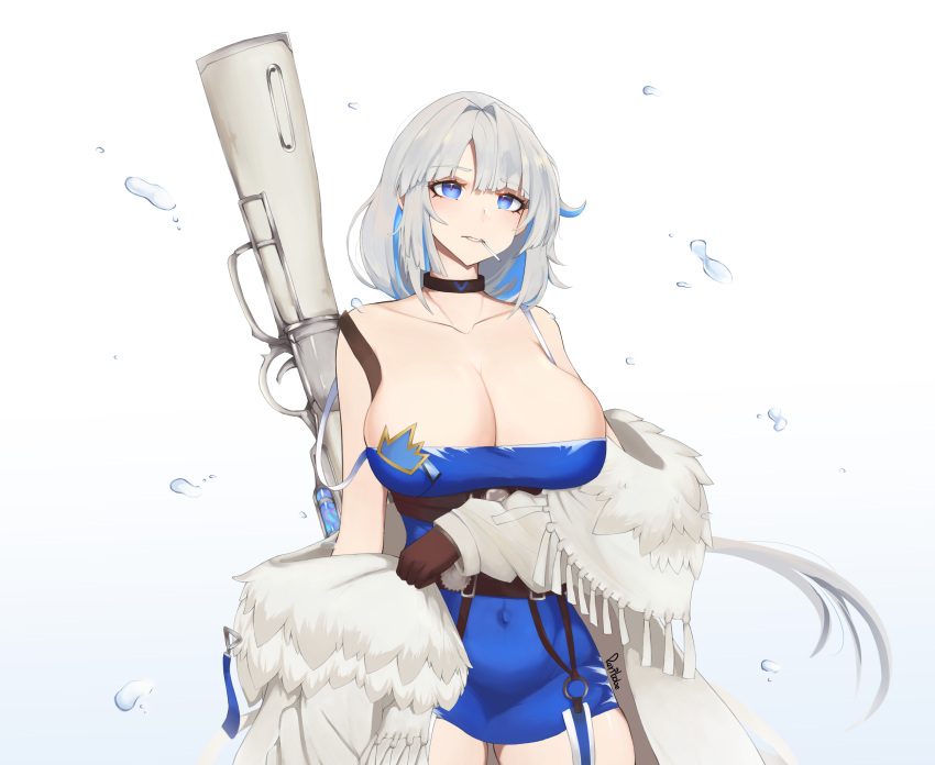 1girl alchemy_stars azure_(alchemy_stars) bangs bare_shoulders black_choker black_gloves blue_background blue_dress blue_eyes blue_hair breasts choker cleavage coat collarbone commentary_request covered_navel cowboy_shot dress gloves gradient gradient_background gun highres large_breasts long_sleeves looking_at_viewer mouth_hold multicolored_hair no_headwear off_shoulder open_clothes open_coat pencil_dress peribobe rifle short_dress short_hair solo standing strapless strapless_dress weapon white_background white_coat white_hair