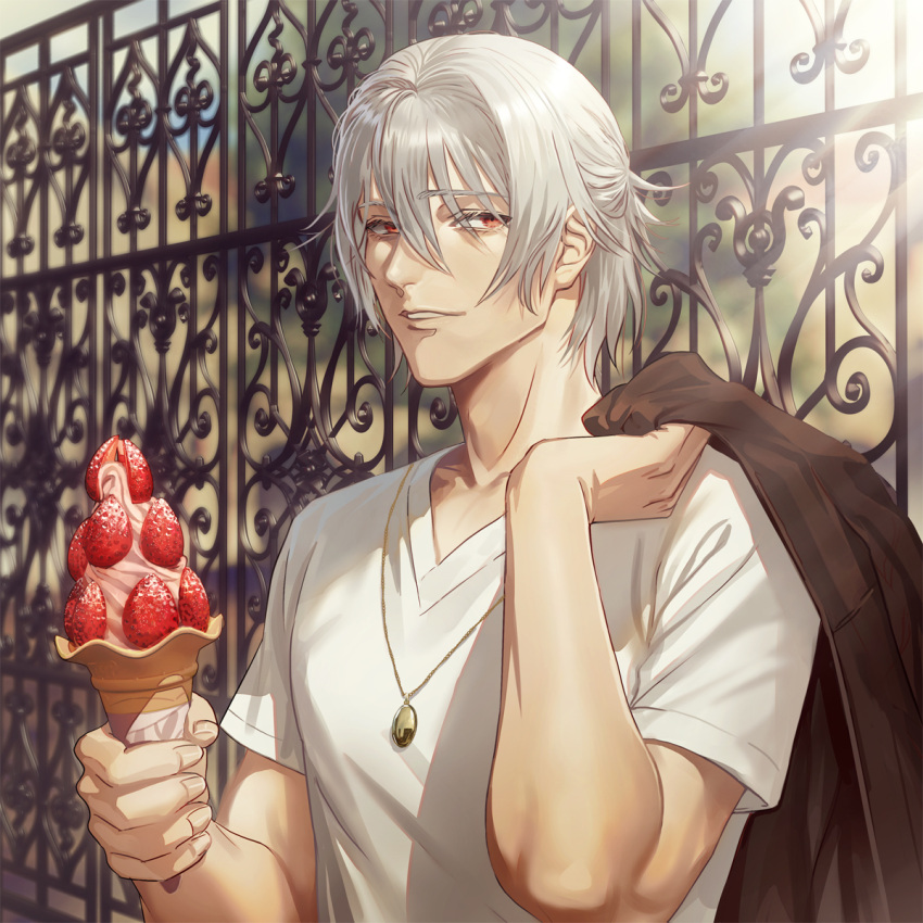 1boy antonio_salieri_(fate) fate/grand_order fate_(series) fence food food_focus fruit hair_between_eyes highres holding_ice_cream ice_cream ice_cream_cone jewelry looking_at_viewer male_focus necklace orange_eyes outdoors panmijin99 shirt short_sleeves soft_serve strawberry sunlight upper_body white_hair white_shirt