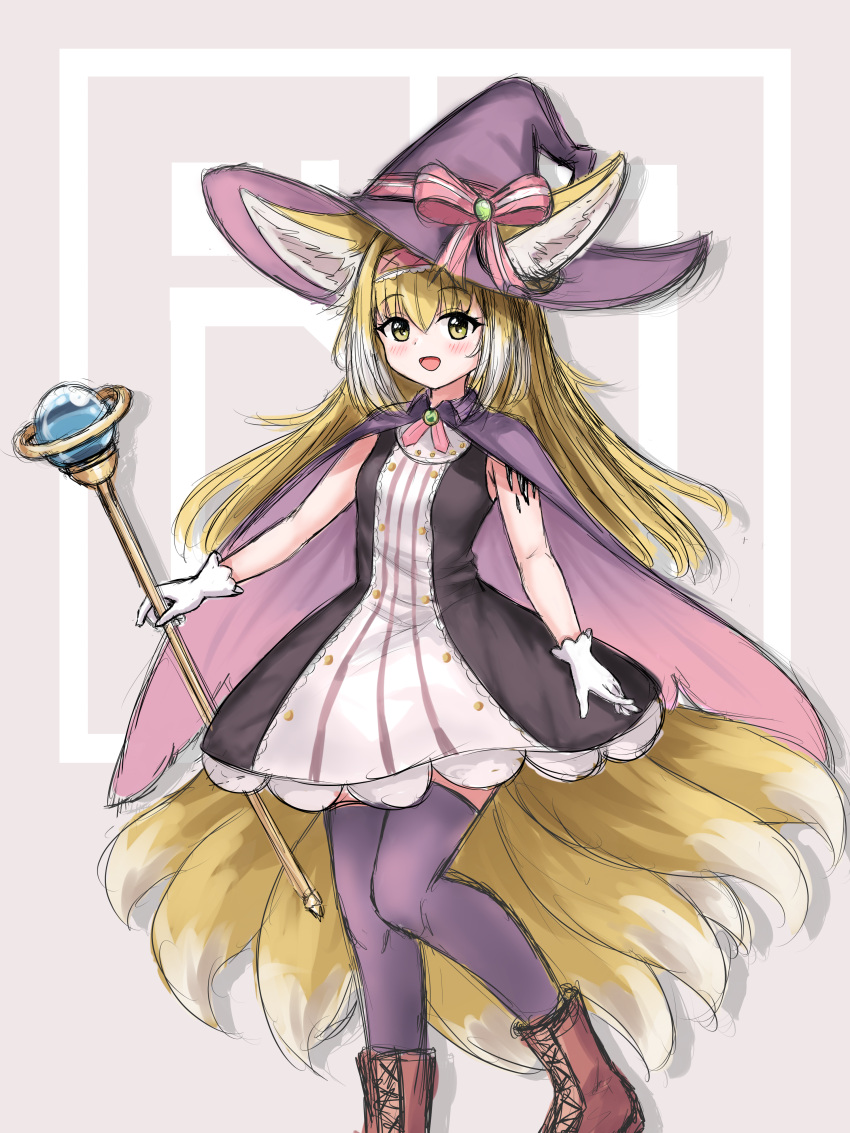 1girl :d absurdres animal_ear_fluff animal_ears arknights bangs black_dress blonde_hair blush boots bow brown_eyes brown_footwear cape commentary cosplay cross-laced_footwear dress ears_through_headwear english_commentary feet_out_of_frame fox_ears fox_girl fox_tail gloves grey_background hair_between_eyes hat highres holding holding_staff kyuubi lace-up_boots little_witch_nobeta long_hair looking_at_viewer multicolored_hair multiple_tails nobeta nobeta_(cosplay) orb oripathy_lesion_(arknights) pink_bow purple_cape purple_headwear purple_thighhighs rylaera smile solo staff standing standing_on_one_leg striped striped_bow suzuran_(arknights) tail thighhighs thighhighs_under_boots two-tone_background two-tone_hair very_long_hair white_background white_gloves white_hair witch_hat