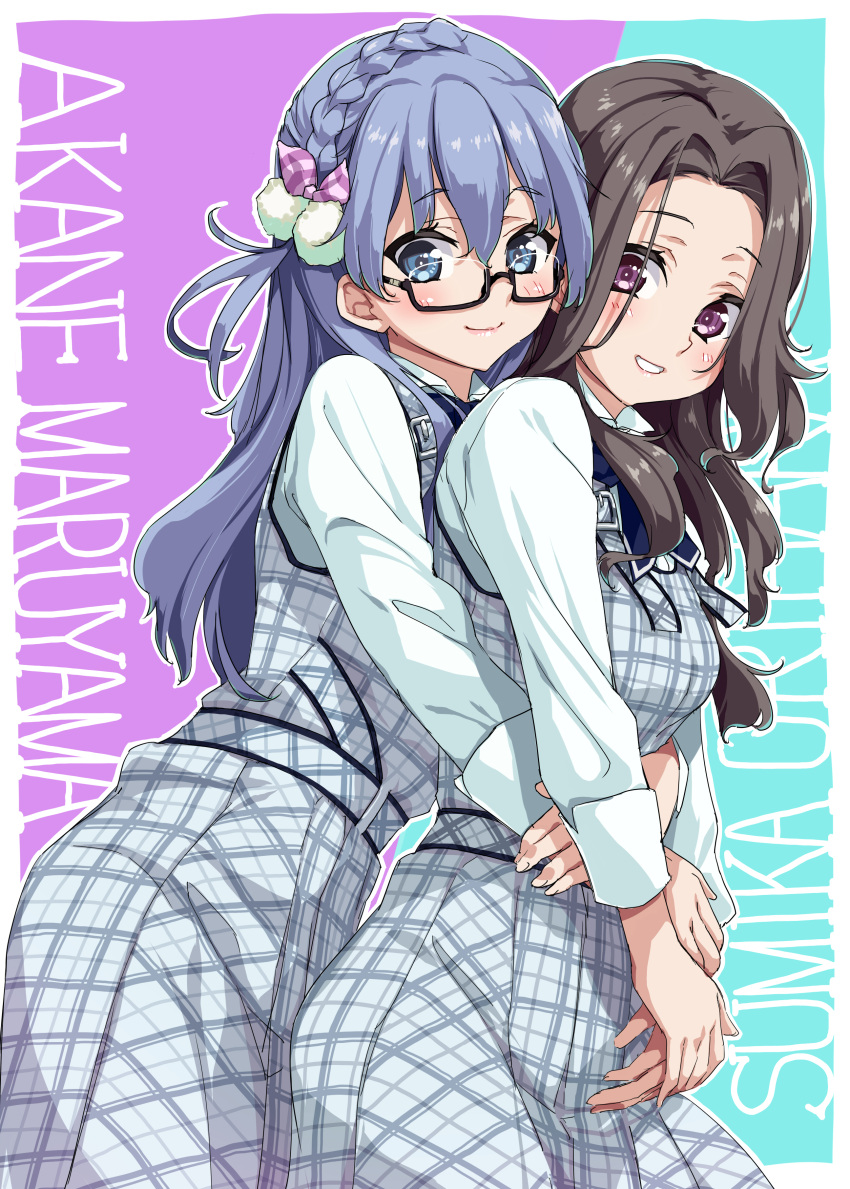 22/7 2girls absurdres blue_eyes blue_hair braid brown_hair glasses hair_ornament highres kisairo_kaede long_hair looking_at_viewer maruyama_akane medium_hair multiple_girls orihara_sumika photo-referenced simple_background skirt