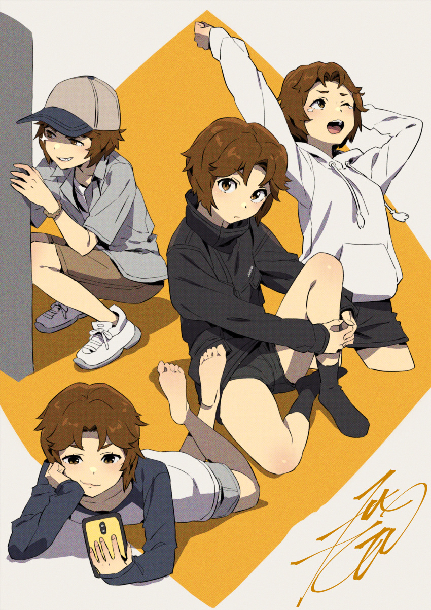 1girl barefoot baseball_cap brown_eyes brown_hair crossed_ankles grin hat highres hood hoodie jacket kobayashi_gen looking_at_phone looking_at_viewer lying on_stomach one_eye_closed open_mouth phone school_girl_strikers shirt shoes short_hair shorts simple_background sitting smile sneakers socks squatting t-shirt takamine_ako tomboy white_hoodie yawning