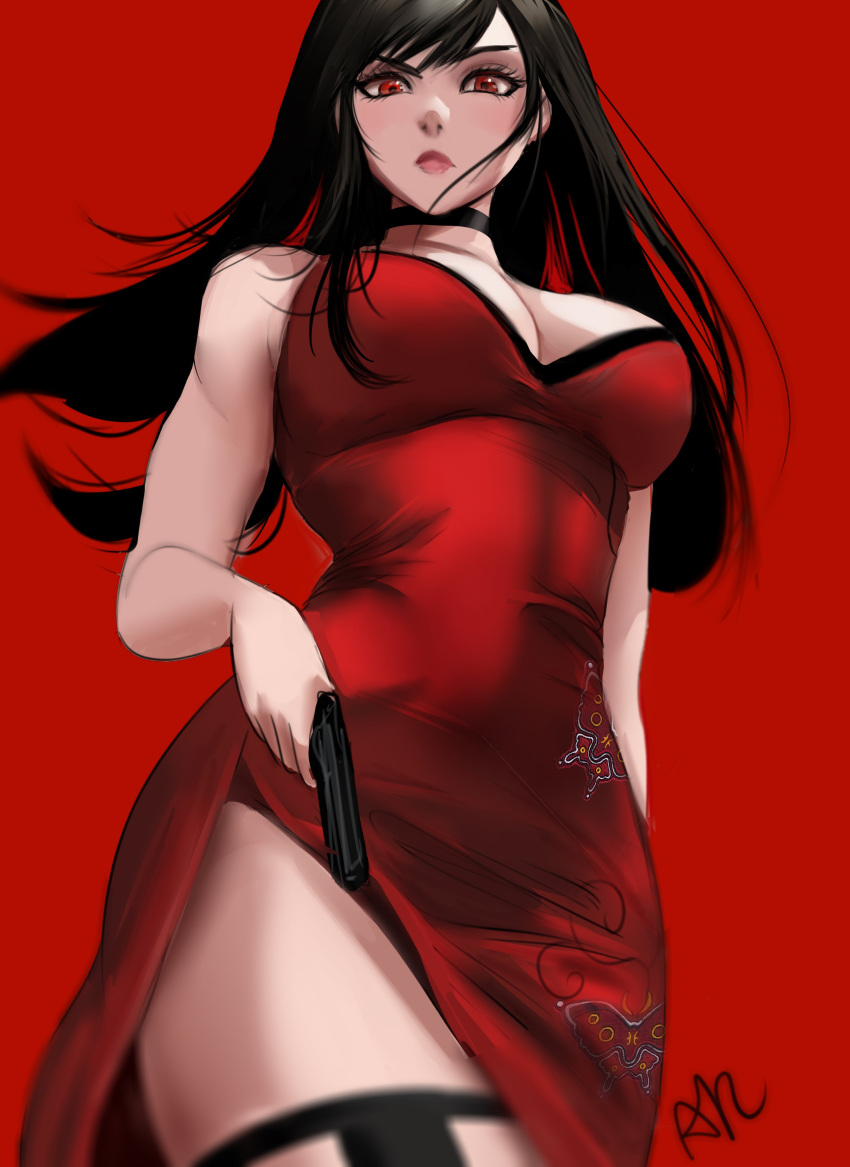 1girl absurdres ada_wong ada_wong_(cosplay) animal_print arialla_draws black_choker black_hair breasts butterfly_print choker closed_mouth color_connection cosplay dress english_commentary final_fantasy final_fantasy_vii floating_hair from_below gun hair_color_connection handgun highres holding holding_gun holding_weapon large_breasts lips long_hair looking_at_viewer red_background red_dress red_eyes resident_evil side_slit signature simple_background solo taut_clothes taut_dress tifa_lockhart weapon