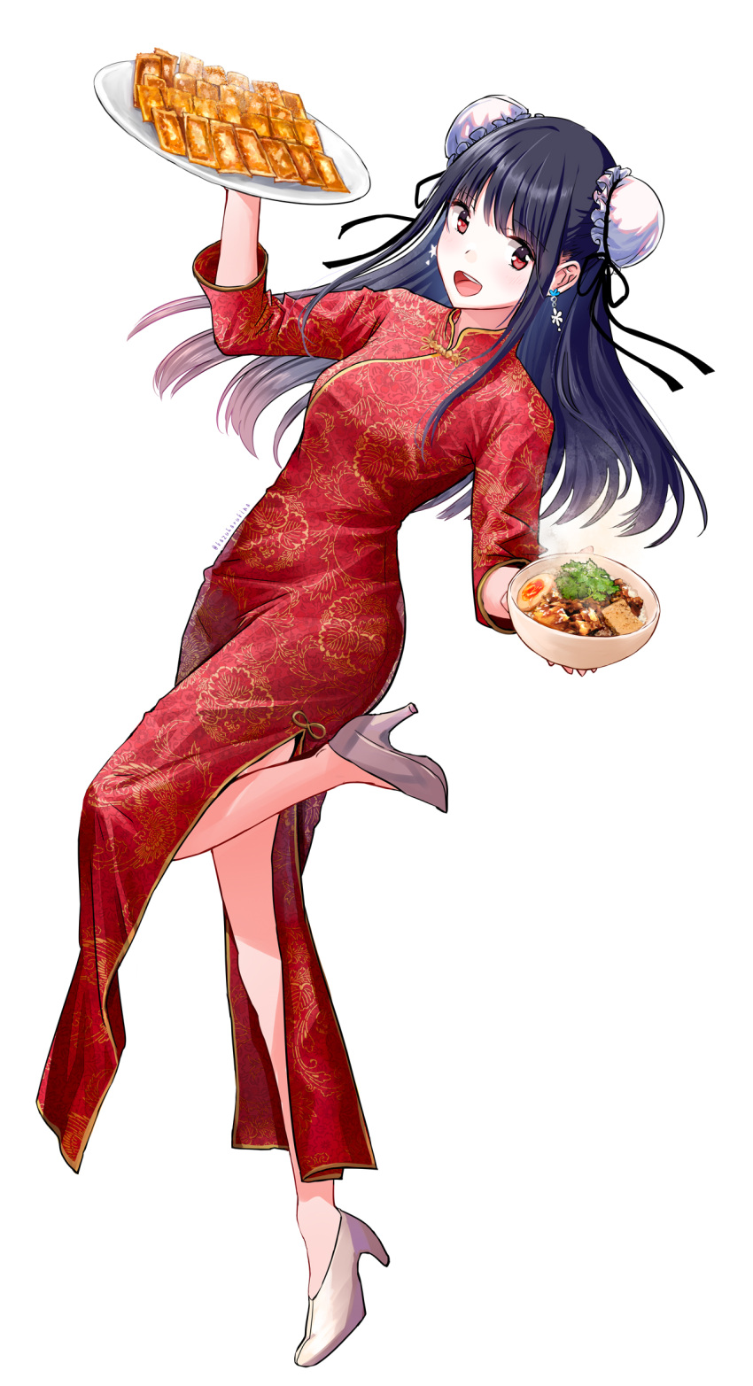 1girl :d black_hair bowl china_dress chinese_clothes double_bun dress dumpling ear_piercing food full_body hair_bun high_heels highres holding holding_bowl holding_plate jiaozi kazuharu_kina leg_up long_hair looking_at_viewer official_art original piercing plate red_eyes simple_background smile solo white_background white_footwear