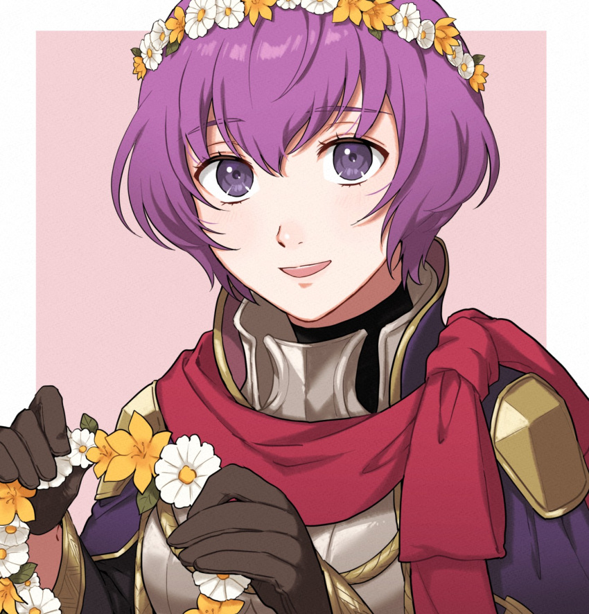 1girl bangs fire_emblem fire_emblem:_new_mystery_of_the_emblem fire_emblem_awakening gloves head_wreath highres katarina_(fire_emblem) looking_at_viewer official_alternate_costume open_mouth purple_eyes purple_hair red_scarf scarf short_hair smile solo upper_body