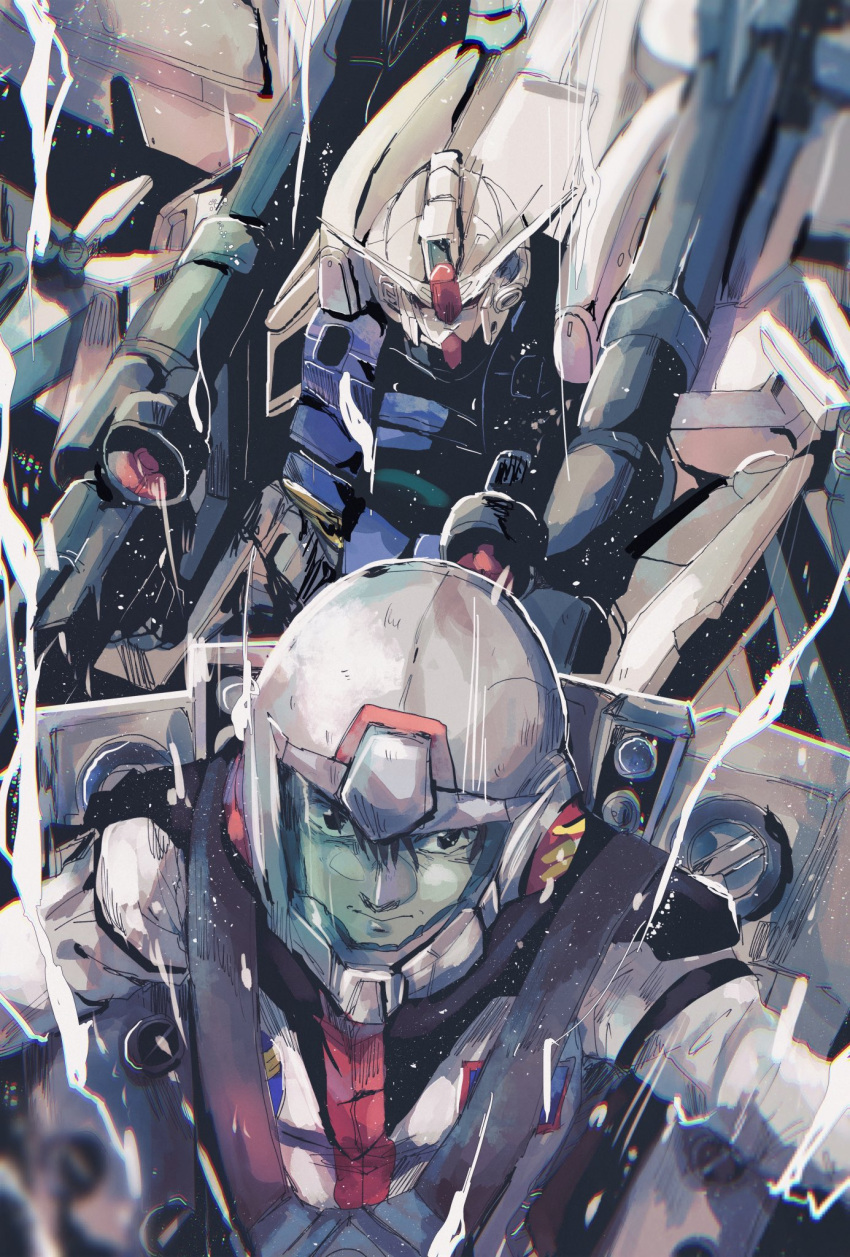 1boy black_eyes black_hair dendrobium_schema gundam gundam_0083 gundam_gp-03_stamen hair_between_eyes helmet highres kare_(0621utak) kou_uraki looking_at_viewer male_focus mecha mobile_suit pilot_suit robot science_fiction smile smoke v-fin