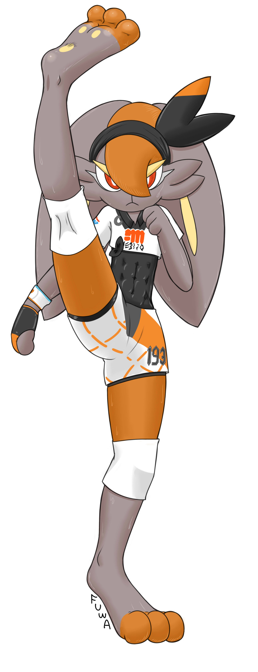 abs absurd_res anthro bea_(pokemon) bodily_fluids bottomwear brown_body brown_fur cinderace clothing eyelashes female flexible fur generation_8_pokemon gym_leader hi_res knee_pads lagomorph leporid long_ears mammal mr_fuwa nintendo one_leg_up orange_body orange_fur paws pokemon pokemon_(species) rabbit raised_leg red_eyes serious shorts simple_background solo splits spread_legs spreading standing sweat training vertical_splits video_games