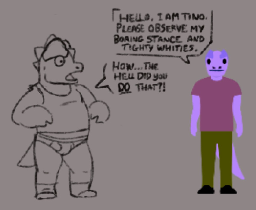 anthro briefs clothed clothing dialogue duo eddio english_text footwear fully_clothed gleeksunstroke grey_background greyscale invalid_color male monochrome purple_body purple_scales scales scalie shirt simple_background socks tank_top text tino topwear underwear