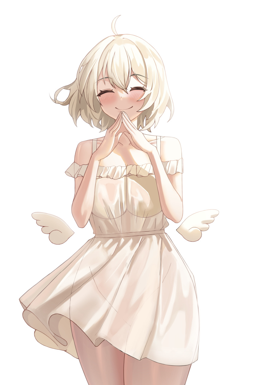 1girl ^_^ absurdres blonde_hair blush closed_eyes collarbone commission dress hair_between_eyes highres lkdv low_wings original short_hair simple_background smile solo thighs white_background white_dress white_hair white_wings wings