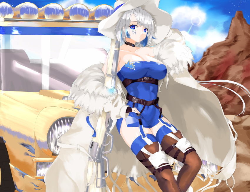 1girl absurdres alchemy_stars azure_(alchemy_stars) bangs bare_shoulders belt black_belt black_choker blue_dress blue_eyes blue_hair blue_sky blue_thighhighs boots breasts brown_footwear choker cleavage cloud coat commentary_request covered_navel day dress facial_mark feet_out_of_frame ground_vehicle gun highres kijipe large_breasts looking_at_viewer mountain multicolored_hair off_shoulder open_clothes open_coat outdoors pencil_dress rifle short_hair sky solo strapless strapless_dress thigh_boots thighhighs thighs weapon white_coat white_hair white_headwear