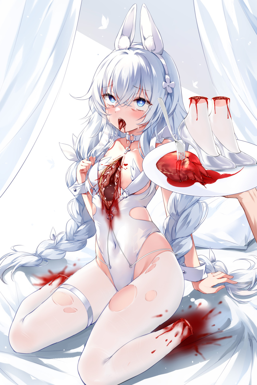 absurd_res amputee animal_humanoid blood blood_from_mouth blood_in_mouth blush bodily_fluids braided_hair clothing collar cross_pupils devil_heavens disability female food food_fetish food_play footwear gore hair heart_(organ) hi_res high_heels humanoid inner_ear_fluff le_malin_(azur_lane) legwear organs pigtails rib_cage stockings tears tongue tongue_out tuft twin_braids white_clothing white_hair white_legwear white_stockings