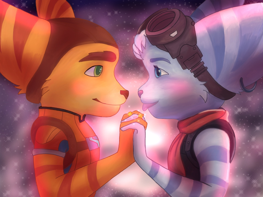 anthro blep chiterra_(artist) clasped_hands duo female fur hi_res husband_and_wife male male/female married_couple ratchet ratchet_and_clank rivet_(ratchet_and_clank) romantic romantic_ambiance romantic_couple sony_corporation sony_interactive_entertainment story story_in_description striped_body striped_fur stripes tongue tongue_out video_games