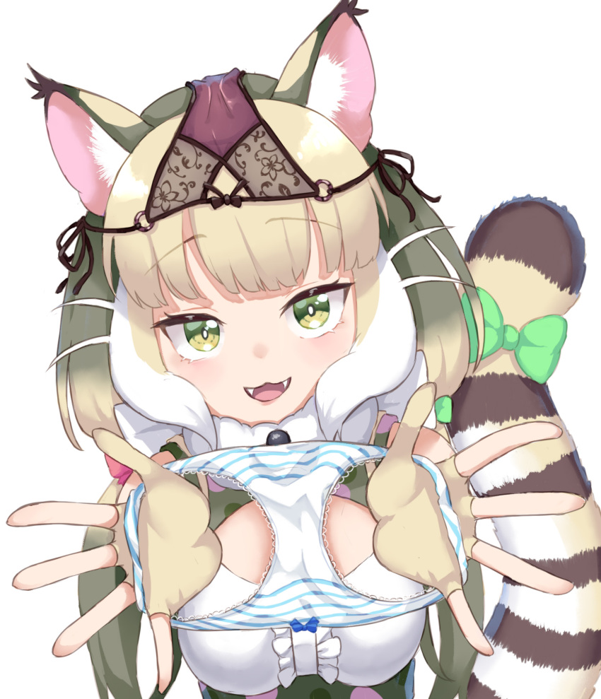 1girl animal_ear_fluff animal_ears bangs blonde_hair bow bow_panties breasts cat_ears cat_girl cat_tail center_frills cleavage_cutout clothing_cutout dutch_angle fangs fingerless_gloves frills gloves green_eyes highres holding holding_clothes holding_panties holding_underwear jungle_cat_(kemono_friends) kemono_friends kemono_friends_v_project long_hair looking_at_viewer multicolored_hair object_on_head open_mouth outstretched_arms outstretched_hand palms panties panties_on_head sawara_noa side-tie_panties simple_background smile solo spread_fingers tail tail_bow tail_ornament twintails underwear upper_body very_long_hair virtual_youtuber white_background white_hair