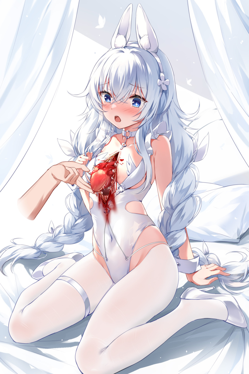 absurd_res animal_humanoid blush braided_hair clothing collar cross_pupils devil_heavens female footwear gore hair heart_(organ) hi_res high_heels humanoid inner_ear_fluff le_malin_(azur_lane) legwear organs pigtails rib_cage stockings tuft twin_braids white_clothing white_hair white_legwear white_stockings