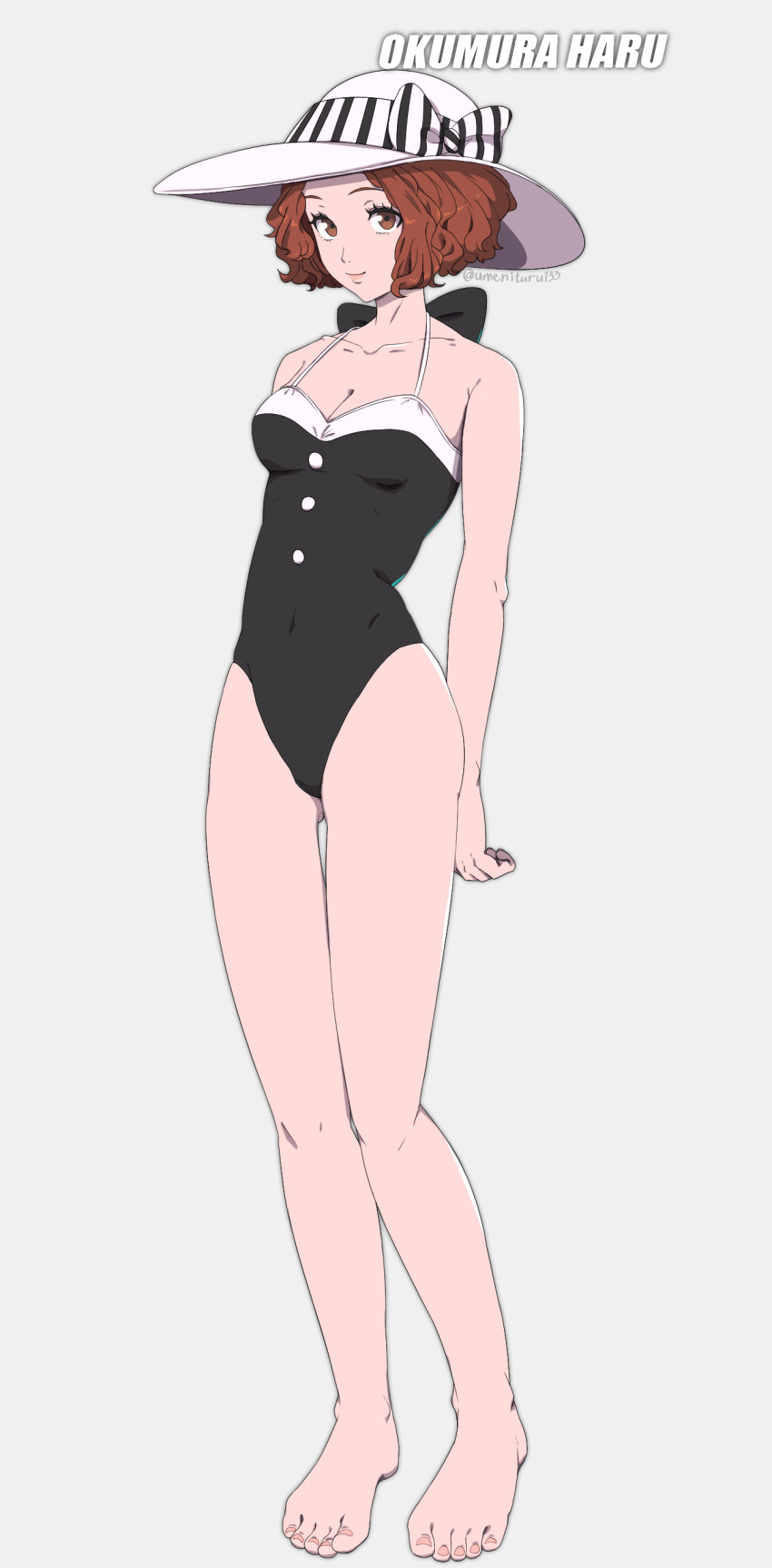 1girl absurdres barefoot black_one-piece_swimsuit breasts brown_eyes brown_hair character_name closed_mouth covered_navel feet hat highres legs looking_at_viewer official_alternate_costume okumura_haru one-piece_swimsuit persona persona_5 persona_5_scramble:_the_phantom_strikers short_hair smile solo standing swimsuit toes umenituru white_headwear