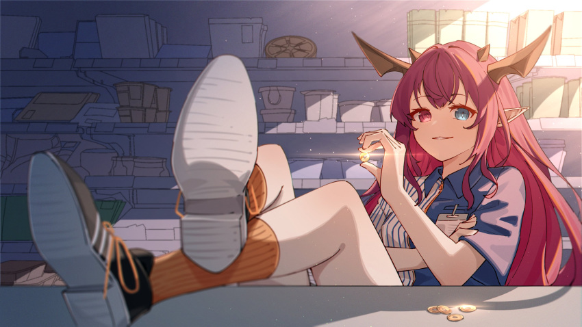 1girl bangs blue_eyes coin employee_uniform heterochromia highres holed_coin hololive hololive_english horns irys_(hololive) jl_tan long_hair multicolored_hair pointy_ears purple_eyes purple_hair red_hair shelf shoe_soles shoes socks solo streaked_hair uniform very_long_hair virtual_youtuber