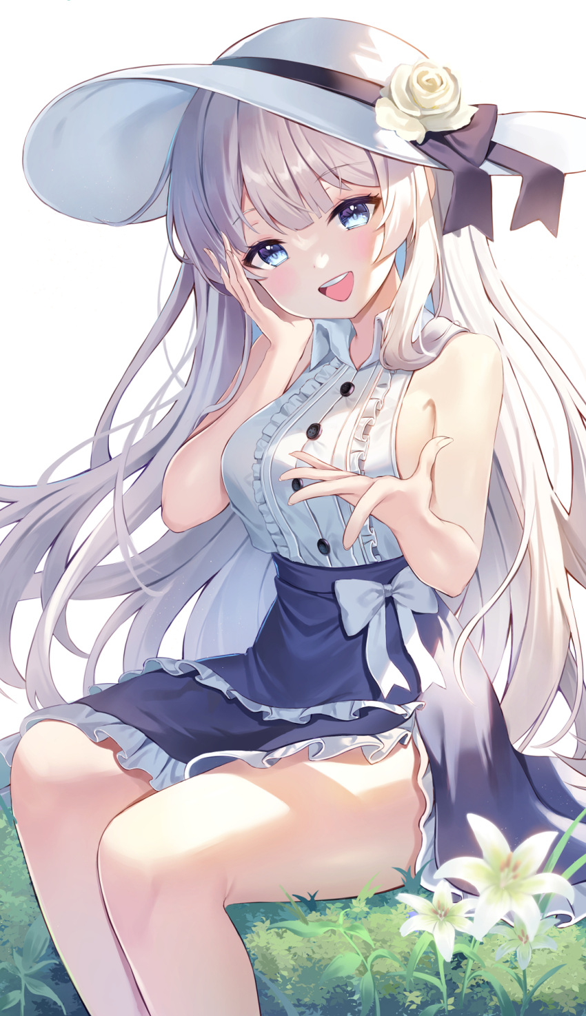 1girl :d bangs bare_arms bare_shoulders blue_eyes blue_skirt blush bow breasts center_frills collared_shirt feet_out_of_frame flower frilled_shirt frilled_skirt frills grass greenapple grey_hair hand_on_own_face hat hat_flower highres long_hair looking_at_viewer medium_breasts open_mouth original outstretched_hand plant rose shirt shirt_tucked_in sideboob sidelocks sitting skirt sleeveless sleeveless_shirt smile solo sun_hat taut_clothes taut_shirt teeth thighs upper_teeth white_background white_bow white_flower white_headwear white_rose white_shirt